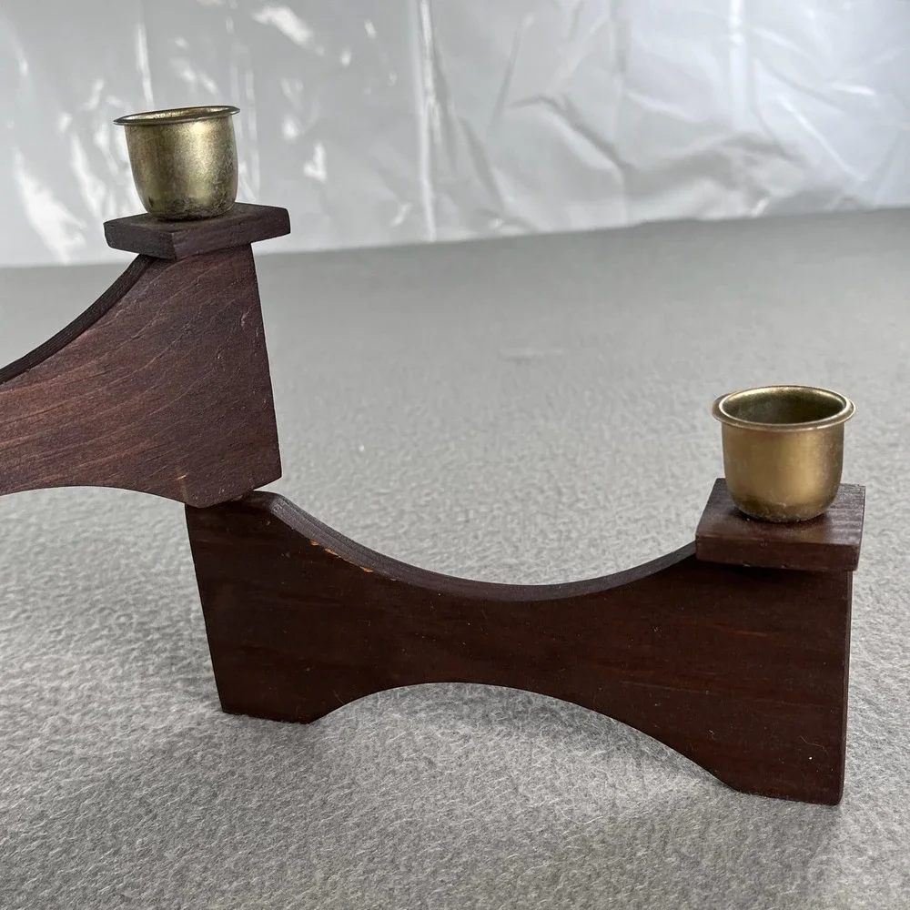 Vintage Danish Teak Style Articulated Folding Wood Brass 4 Light Candelabra MCM